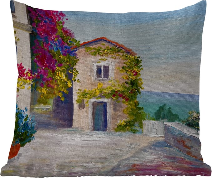 Tuinkussen - Schilderij - Huis - Olieverf - Dorp - 40x40 cm - Weerbestendig