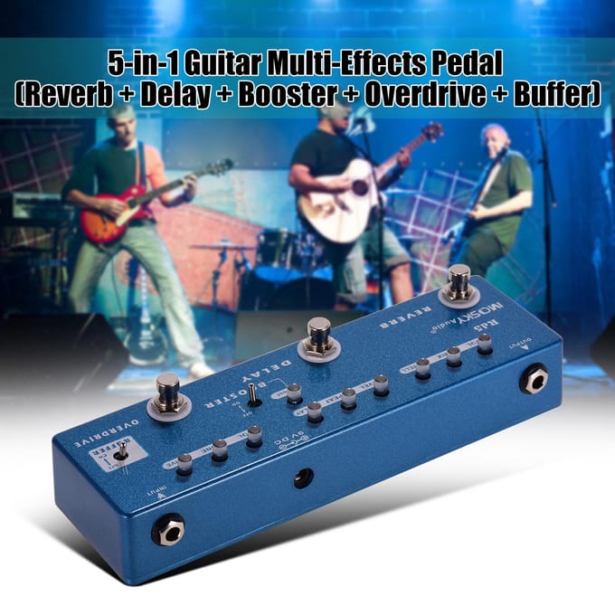 MOSKY RD5 5-in-1 Gitaar Multi-Effectpedaal Reverb + Delay + Booster + Overdrive + Buffer Vol blauw