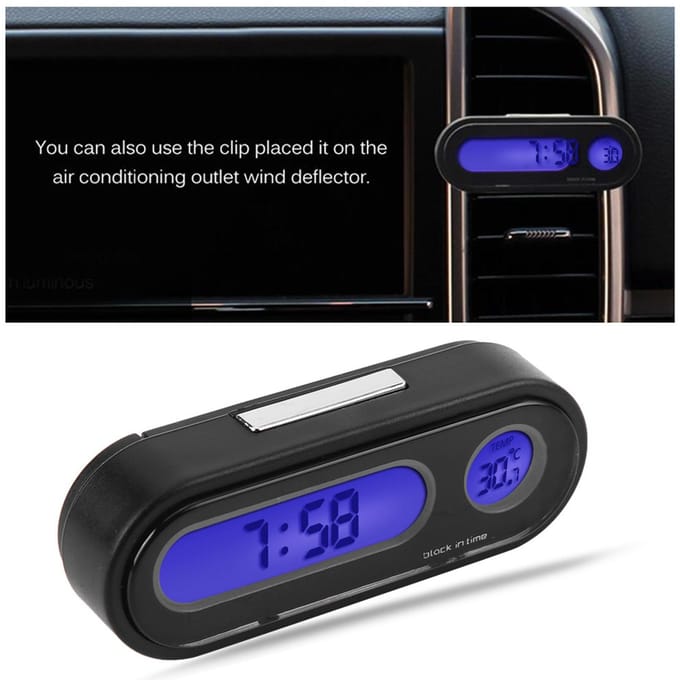 2 in 1 Auto Voertuig Interieur Mini Elektronisch Horloge LED Digitale Klok Thermometer Voltmeter blue