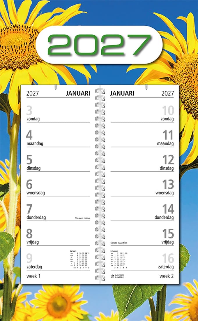 MGPcards - Omlegweekkalender 2027 - Week begint op zondag - 21 x 34 cm - Zonnebloem