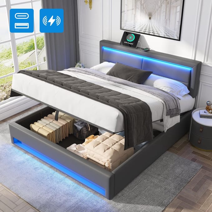 Gestoffeerd bed - 140x200 cm - LED en USB met Draadloos Opladen - Opbergruimte - PU - Grijs
