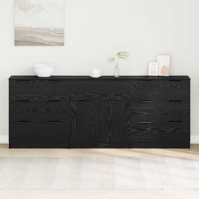 vidaXL - Dressoir - 3 - st - Zwart - Eiken - 181 - x - 30 - x - 70 - cm - Bewerkt - hout