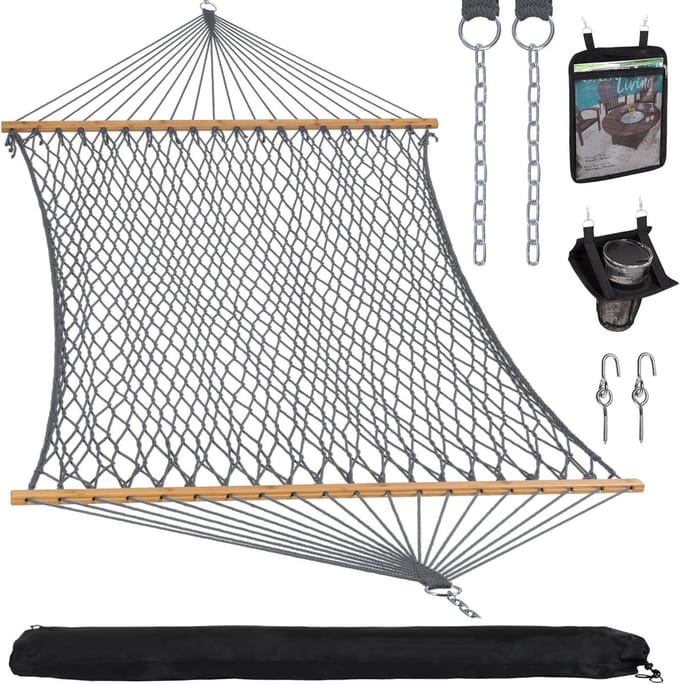 SUNCREAT Dubbele Outdoor Hangmat, Polyester Touw Hangmat Met Bamboe Spreader Bar, Grijs