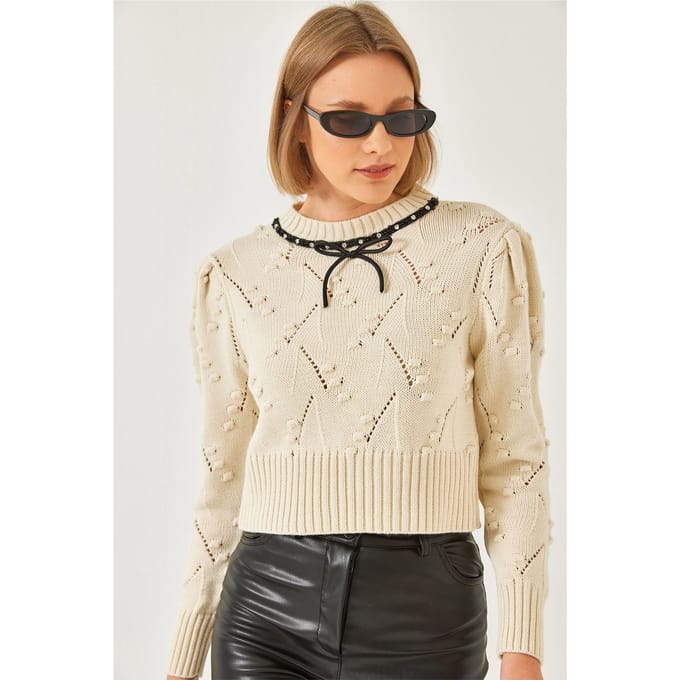 Geweven Geborduurd Crew Neck Fitted Crop Sweater