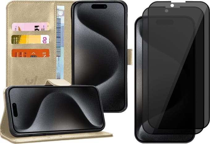 Hoesje geschikt voor iPhone 15 Pro - 2x Privacy Screen Protector FullGuard - Book Case Kunstleer Pasjeshouder Goud & Screenprotector