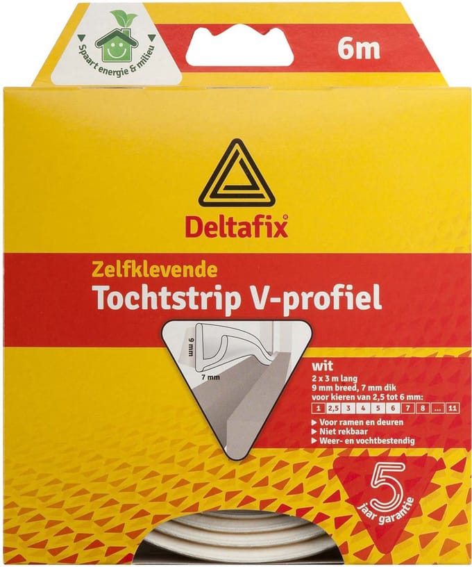 Deltafix Tochtstrip - tochtwering - wit - zelfklevend - V-profiel - 6 m x 9 mm x 7 mm