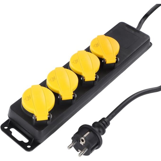 Stekkerdoos voor buiten- 4-voudig - Randaarde - Spatwaterdicht - 3 x 1.5 mm2 Neopreen kabel - 3 mete
