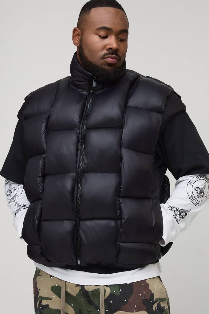 Plus High Shine Weft Oversized Funnel Neck Gilet | Black | Size 2XL