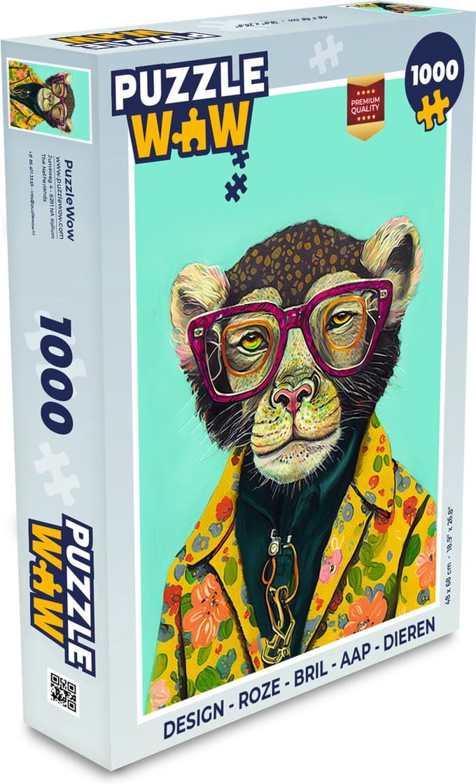 Puzzel Design - Roze - Bril - Aap - Dieren - Legpuzzel - Puzzel 1000 stukjes volwassenen