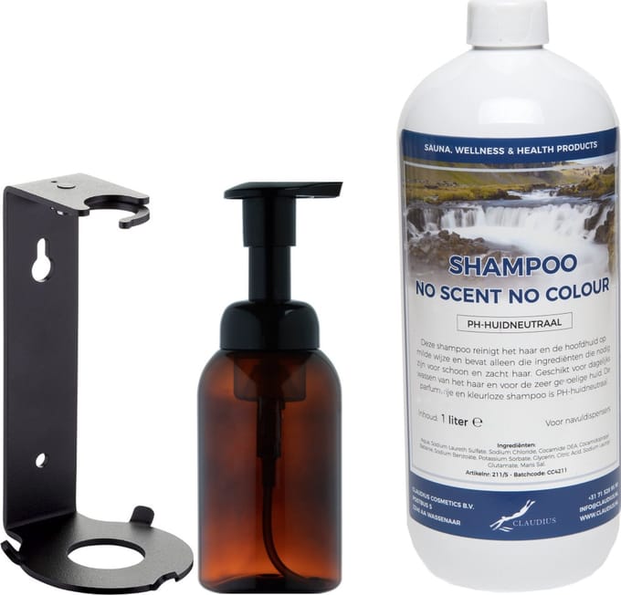 Zeepdispenser 300 ml amber bruin hervulbaar + 1 liter Shampoo No Scent No Colour navulling (inclusief beugel)