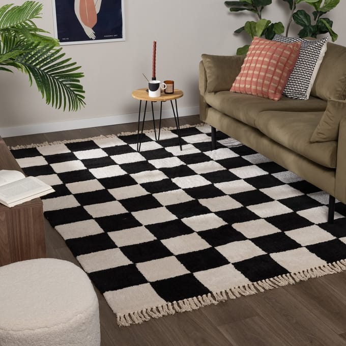 Fraai Checkerboard vloerkleed - Blox Fringe Zwart - 200x290cm