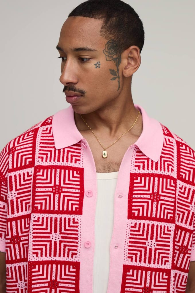 Ontspannen Gehaakte Tapijt Gebreid Overhemd | Pink | Size Medium