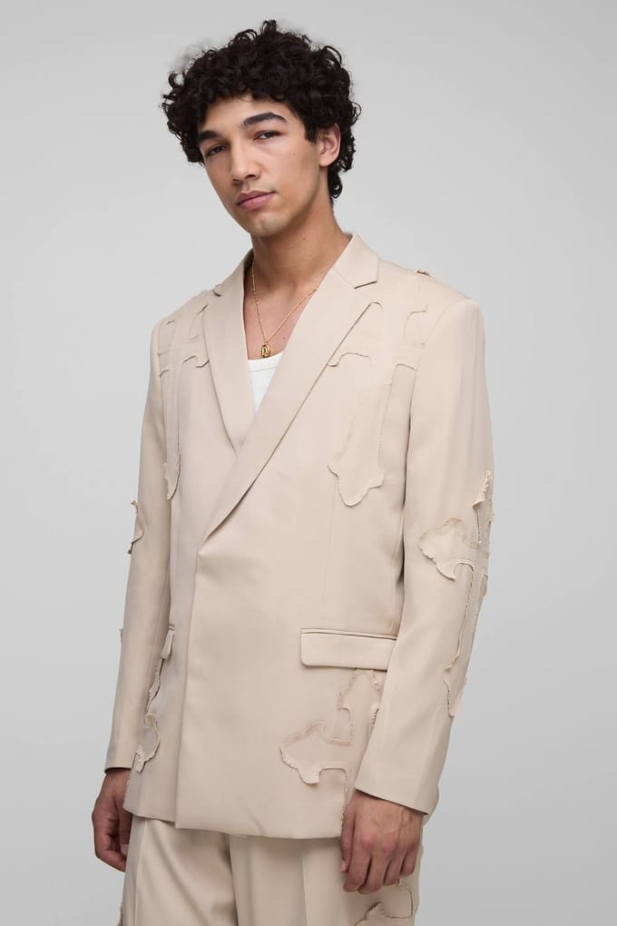 Relaxed Fit Cross Applique Suit Blazer | Stone | Size Medium