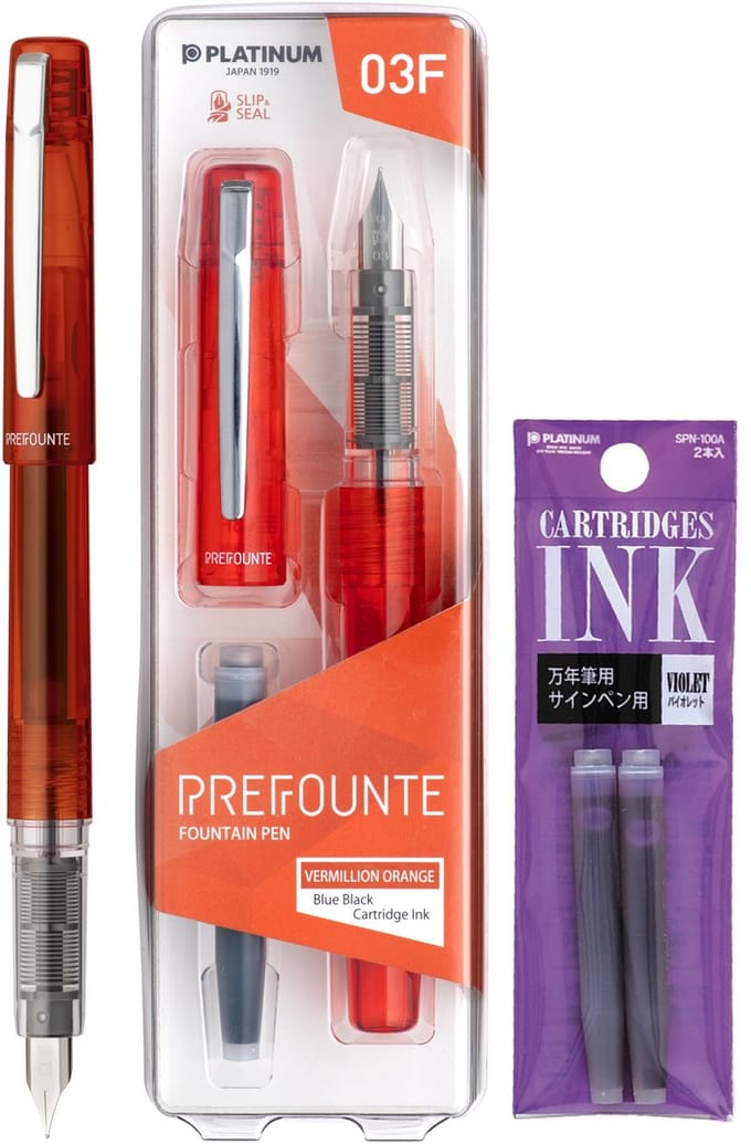 Platinum - Prefounte Vulpen - Medium - Vermillion Orange - Met Paarse vullingen