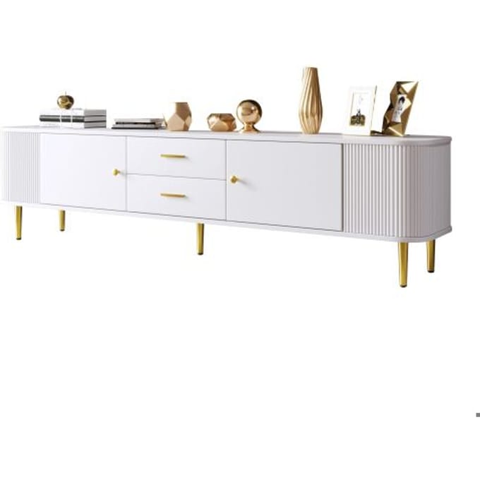 Meuble TV - MUVOE - Décontracté - Blanc et doré - 2 tiroirs - Design contemporain blanc
