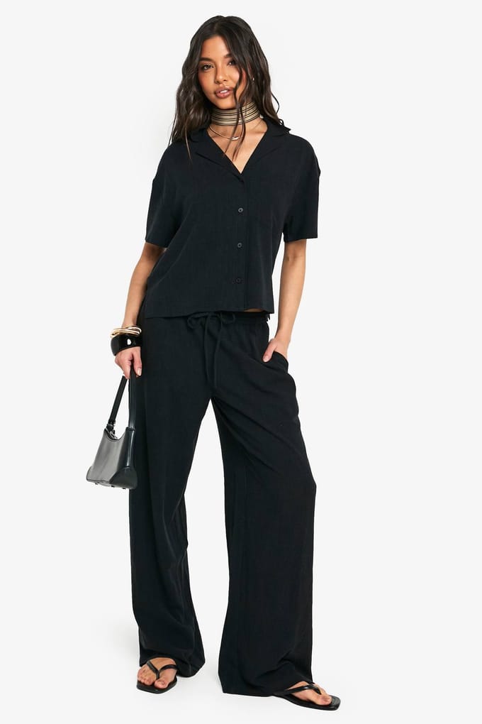 boohoo Dames Premium Linnen Kort mouwoverhemd | Black | Maat: 6