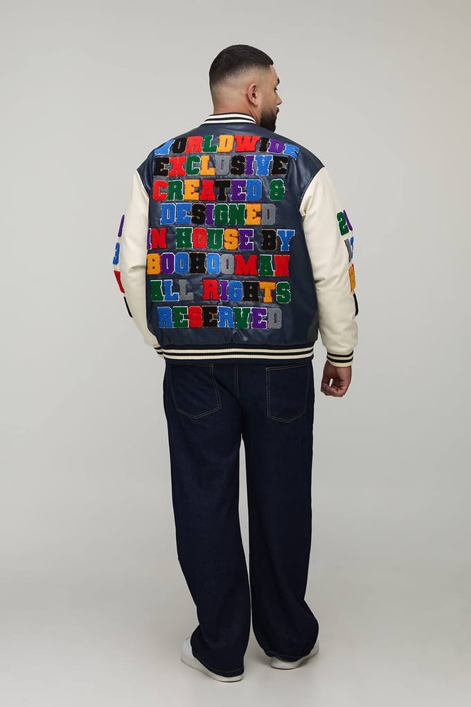 Plus Oversized Fit Badge Applique PU Varsity Bomber Jacket | Navy | Size 2XL