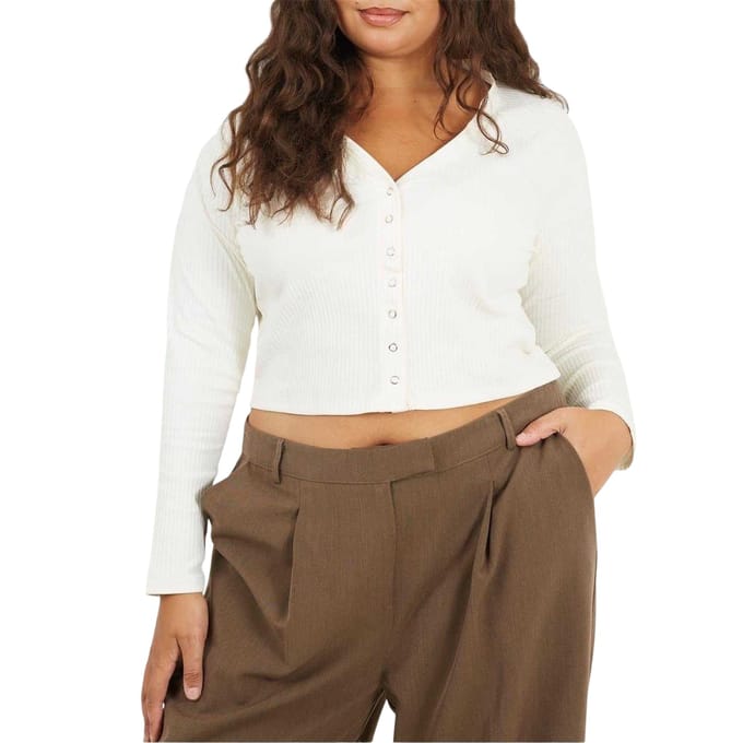 Brave Soul Dames Rippend V-Hals Plus Lange Mouwen Crop Top (Crème)