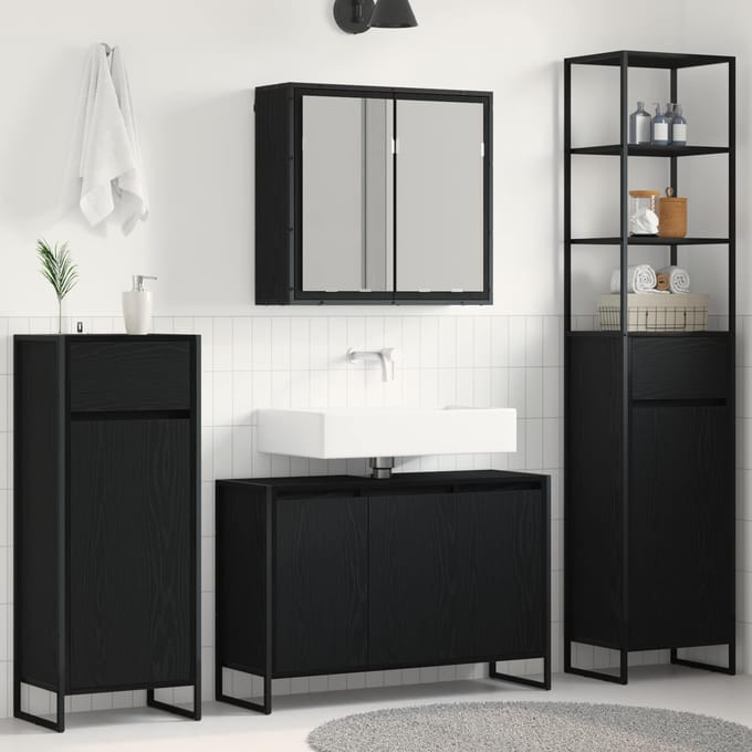 vidaXL - Badkamermeubel - Set - 4 - st - Zwart - Eiken - Bewerkt - hout