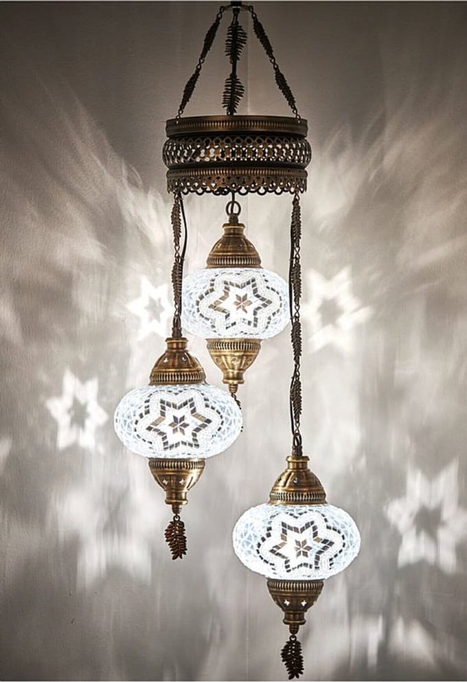 Turkse hanglamp - mozaïek wit - 3 glazen bollen - handgemaakt - sfeervolle verlichting