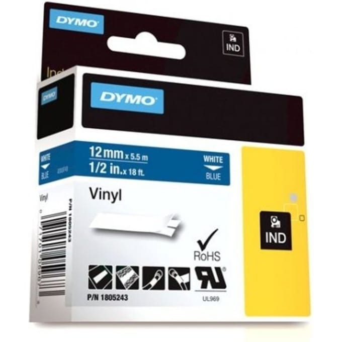 Labeltape dymo rhino industrieel vinyl 12mm wit op Blauw