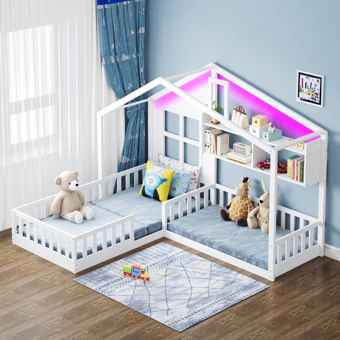 Sweiko Kinderbed - 90x200 cm (140x70 cm) - Opbergplank - LED-verlichting - Veiligheidsrails - Wit