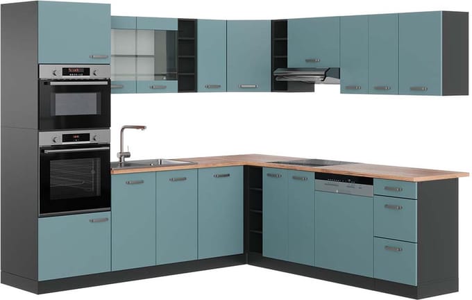 Vicco Hoekkeuken R-Line, Blauw-grijs/Antraciet, 247 x 237 cm, WB Eik