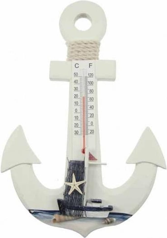 Houten anker met thermometer 18x1x24 cm | Wit | Seaside