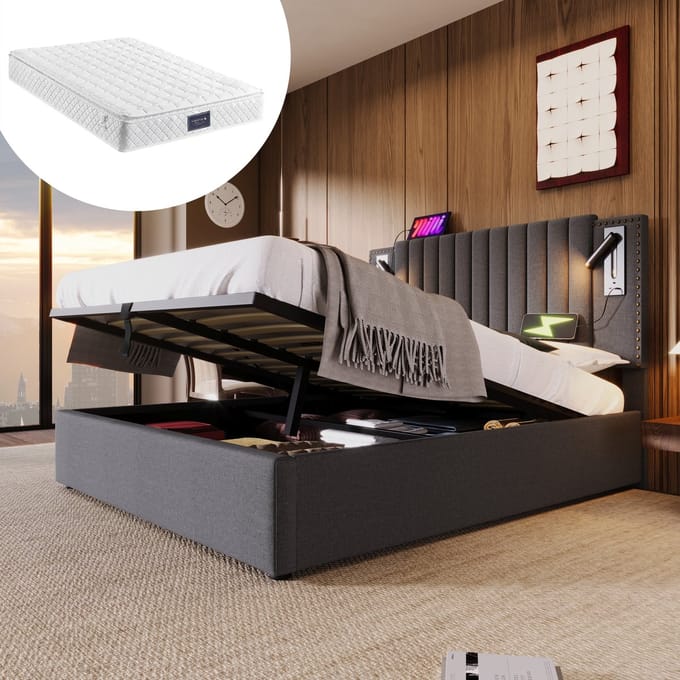 MODFU Bedframe 140x200 cm – Katoen/linnen grijs – Met leeslamp, USB-C, opbergruimte & matras