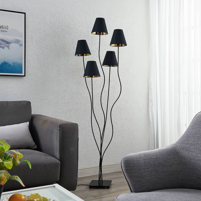 Lindby Komalie vloerlamp, 5-lamps, zwart