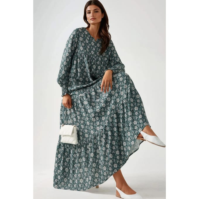 Geprinte Crew Neck Viscose Maxi Jurk