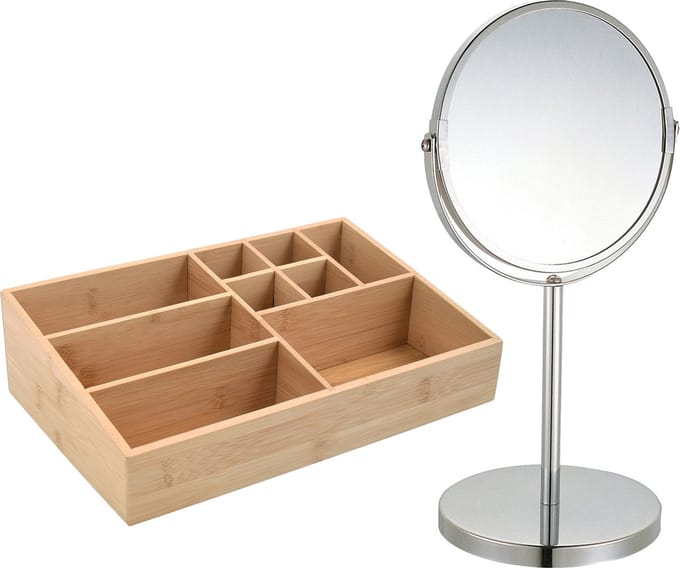 MSV Make-up organizer 9 vaks en luxe spiegel set - 33 x 21 cm - bamboe/metaal - bruin/zilver