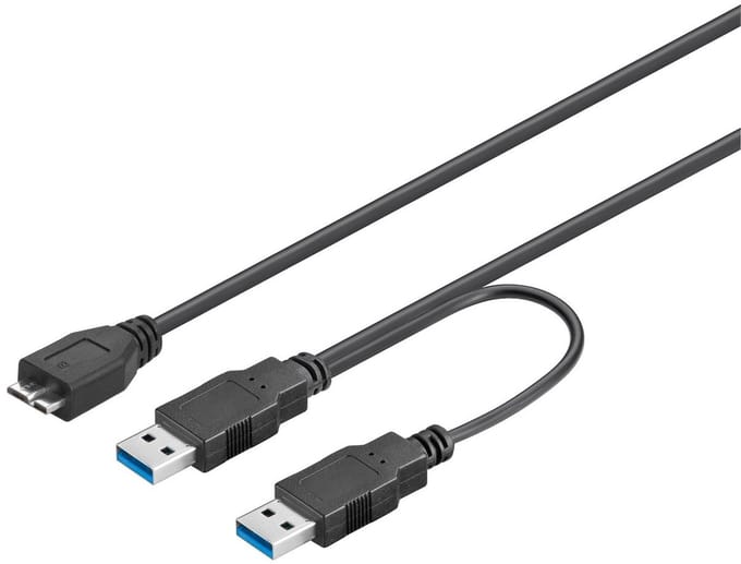 USB3.0 Y kabel met 2x USB-A - USB3.0 micro B connectoren - 0,20 meter