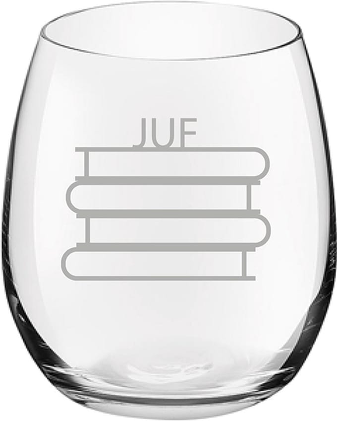 Gegraveerde Drinkglas 39cl Juf met boeken