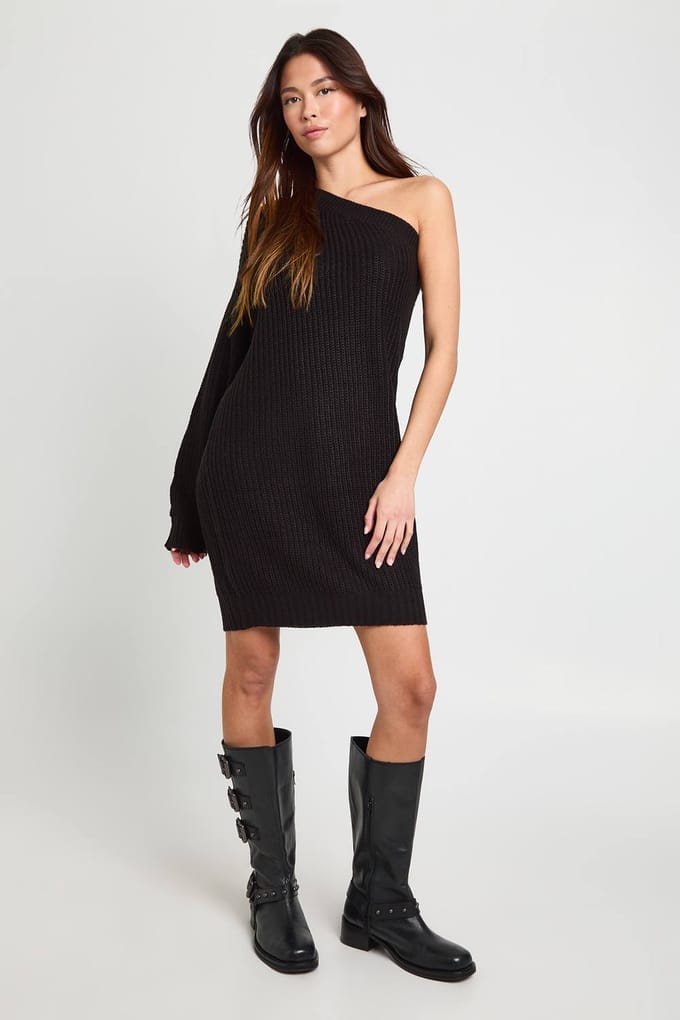 boohoo Dames Gebreide One Shoulder Mini Jurk | Zwart | Maat: Small