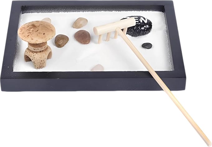 Zen Tuin - Mini Zandbak - Bureau Ontspanning - Compleet Met Accessoires - 15 x 11 cm - Zwart