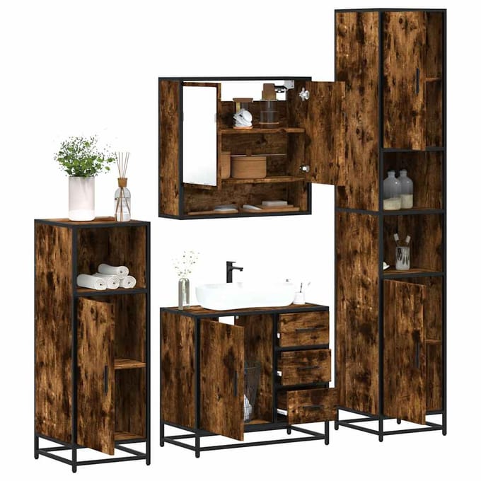 vidaXL - 4-delige - Badkamermeubelset - bewerkt - hout - gerookt - eikenkleurig