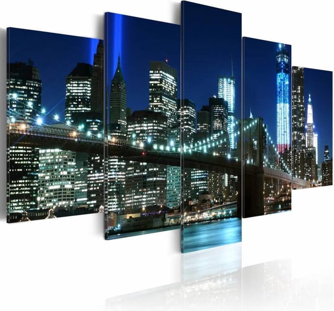 Schilderij - New York City - Stad in het Blauw, 5luik, premium print