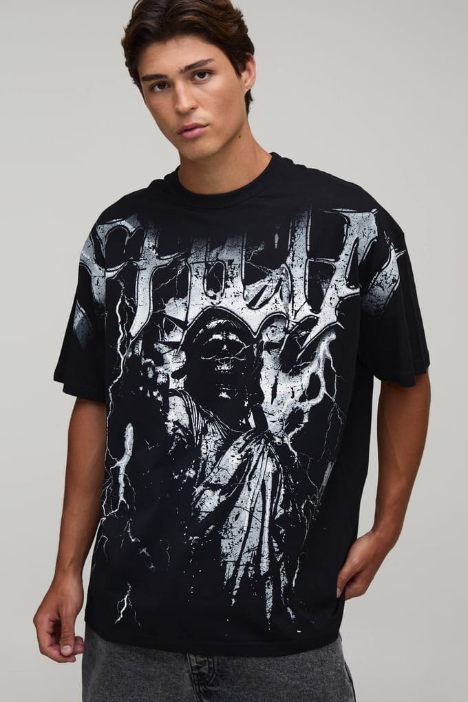 Oversized T-shirt Met Beeldhouwerk Print En Zichtbare Naden | Black | Size Medium