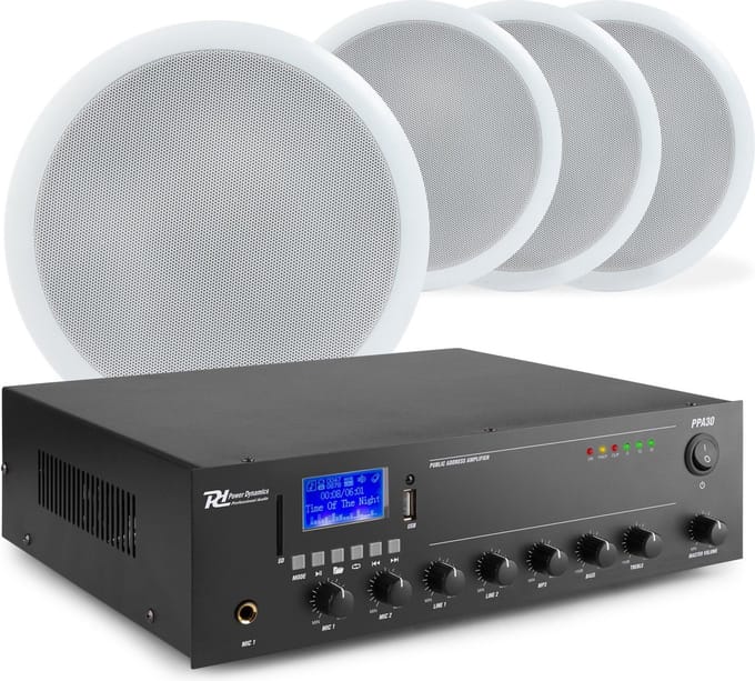 Geluidsinstallatie met PPA30 100V versterker met Bluetooth & 4 CSPB6 plafondspeakers