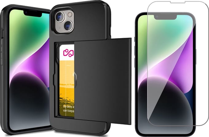 Hoesje met Pasjeshouder geschikt voor iPhone 14 Plus - Screen Protector GlassGuard - Back Cover SlideCase Zwart & Screenprotector