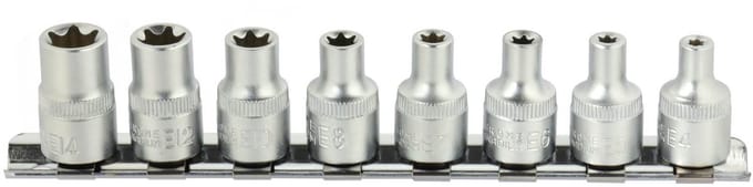GEKO Torx Dopsleutelset - E4-E14 - CrV Staal - 8-delig - Met Rail Organizer