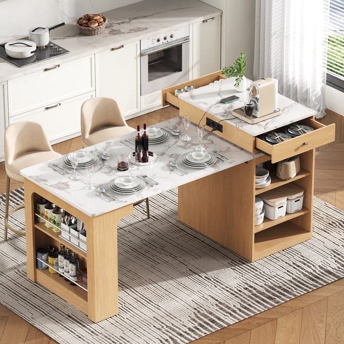 Sweiko Uitschuifbare Eettafel - Keukeneiland - - Dressoir - 2 lades - Opbergplank - Met stopcontacten - Marmerlook - Wit + Naturel