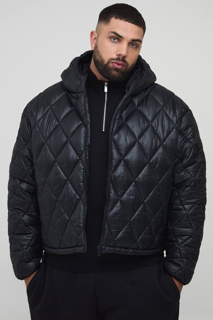 Plus Oversized Boxy High Shine Quilted Hooded Funnel Puffer Jacket | Black | Size 2XL