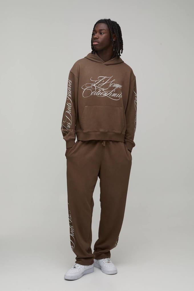 Oversized Boxy Trainingspak Met Gewassen Loopback Stof, Capuchon En Opschrift | Brown | Size Medium