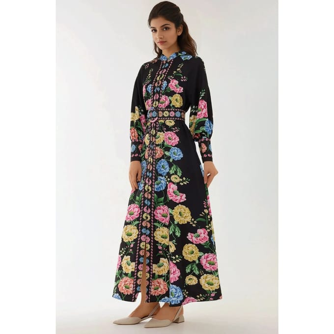 Geprinte Lange Mouwen Maxi Dress met Riem