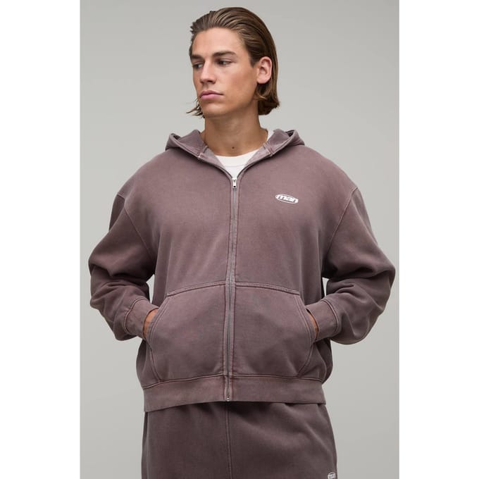 Oversized Heren Sport Washed Ritssluiting Hoodie | Washed Chocolate | Size XS