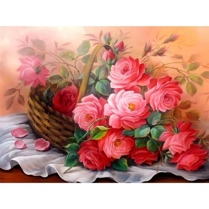 Panier de fleurs peinture diamant, perceuse ronde complète, broderie florale Rose, point de croix 20X30CM beige