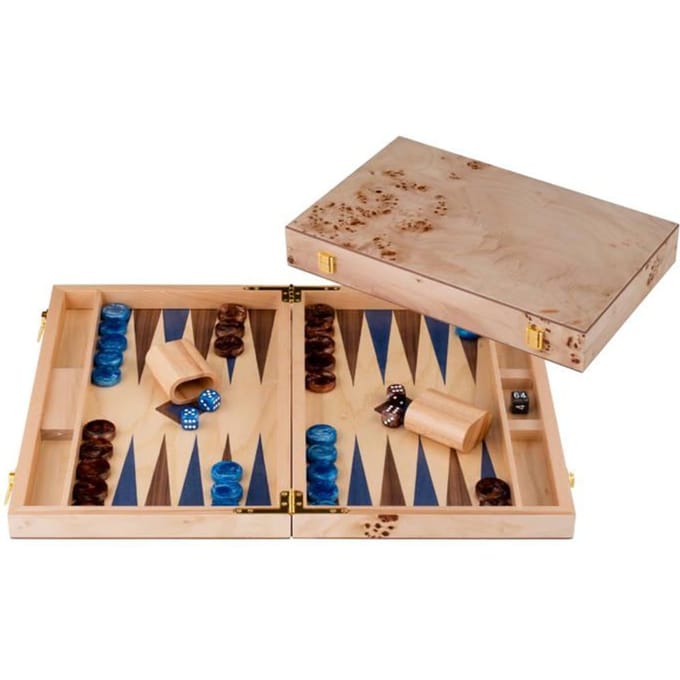 Backgammon de Luxe Bois - ENGELHART - 18 pouces (52x45,5 cm) Bois de ronce & noyer - Pions bleu/brun - Valise rigide bleu