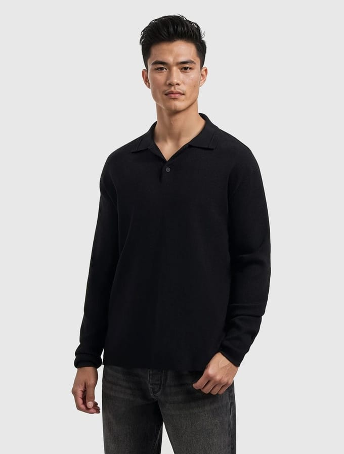 Pure Path Heavy Knit Longsleeve Polo Regular Fit Black (25030810 - 02)